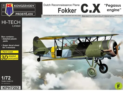 Krabice plastikové stavebnice Kovozávody Prostějov 1/72 Fokker C.X Pegasus motor Hi-Tech