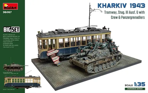 Stavebnice MiniArt 36067 Charkov 1943 v měřítku 1/35 – tramvaj, StuG III Ausf. G a figurky posádky