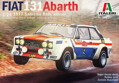 Krabice stavebnice Italeri 3621 Fiat 131 Abarth 1977 San Remo Rally Winter v měřítku 1/24