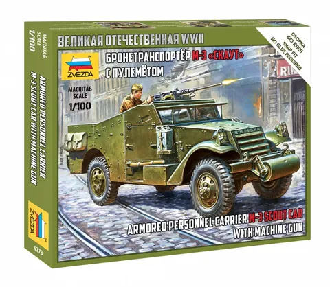 Stavebnice Zvezda 6273 sovětský obrněný automobil M-3 Scout Car s kulometem v měřítku 1:100
