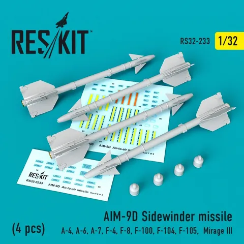 Sada raket Reskit RS32-0233 AIM-9D Sidewinder v měřítku 1/32, 4 díly letecké výzbroje