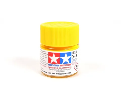 Skleněná lahvička akrylové barvy Tamiya 81508 Acrylic Mini X-8 citronově žlutá, 10 ml
