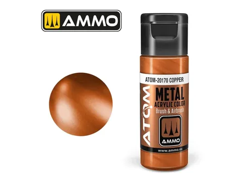 Lahvička akrylové barvy AMMO Mig ATOM Metallic 20170 měděná (Copper), 20 ml