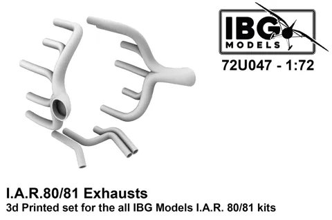 3D tištěné výfuky IBG Models 72U047 pro model I.A.R. 80/81 v měřítku 1/72