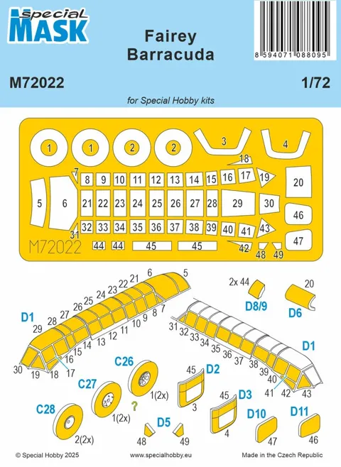 Předřezané masky Special Hobby M72022 pro model Fairey Barracuda v měřítku 1/72