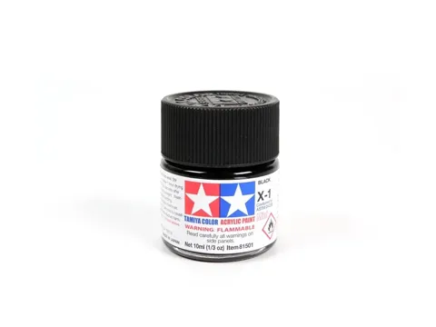 Skleněná lahvička akrylové barvy Tamiya Acrylic Mini X-1 černá lesklá, 10 ml