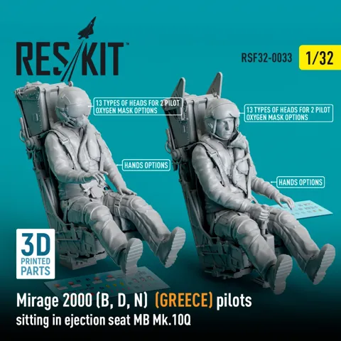 3D tištěná sada Reskit RSF32-0033 1/32 — piloti Mirage 2000 v katapultovací sedačce MB Mk.10Q