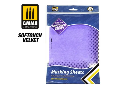 Balení samolepicích maskovacích listů AMMO Mig 8244 Softouch Velvet, 5 listů 280 × 195 mm