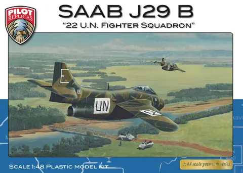 Krabice plastové stavebnice Pilot Replicas 48A004 SAAB J29 B UN Kongo v měřítku 1/48