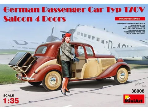 Krabice stavebnice MiniArt 38008 německý osobní automobil Typ 170V Saloon 4 dveře v měřítku 1/35