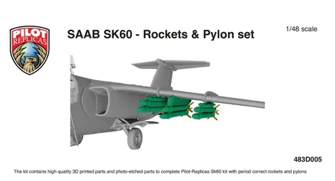 3D tištěná sada raket a závěsníků Pilot Replicas 483D005 pro SAAB SK60 v měřítku 1/48