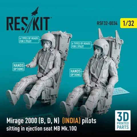 3D tištěné figurky Reskit RSF32-0034 piloti Mirage 2000 v sedačkách MB Mk.10Q, měřítko 1/32