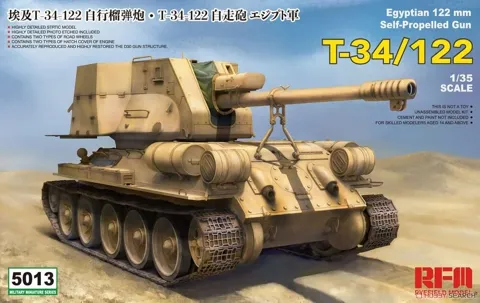 Krabice plastikové stavebnice Rye Field Model RFM-5013 T-34/122 egyptská v měřítku 1/35