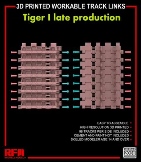 Sada 3D tištěných funkčních pásových článků Rye Field Model RFM2030 pro Tiger I late v měřítku 1/35