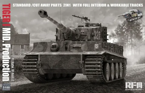 Krabice stavebnice Rye Field Model RFM-5100 Tiger I Ausf. E v měřítku 1/35 s plným interiérem