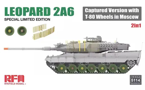 Stavebnice Rye Field Model RFM5114 Leopard 2A6 ukořistěná verze s koly T-80 v měřítku 1/35