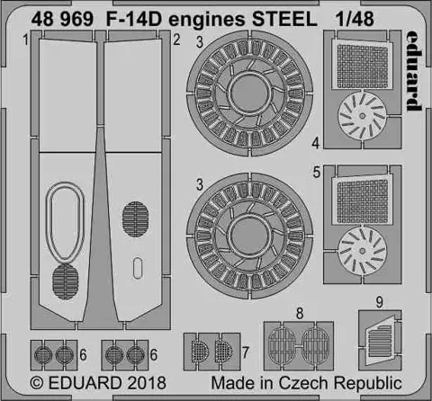 Fotoleptaná sada Eduard 48969 STEEL motory F-14D v měřítku 1/48 pro stavebnici Tamiya