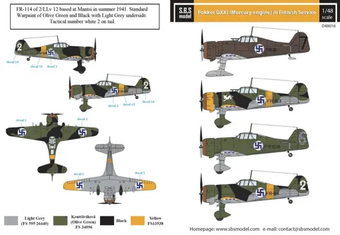 Obtiskový aršík S.B.S. Model D48016 Fokker D.XXI Mercury finské letectvo v měřítku 1/48