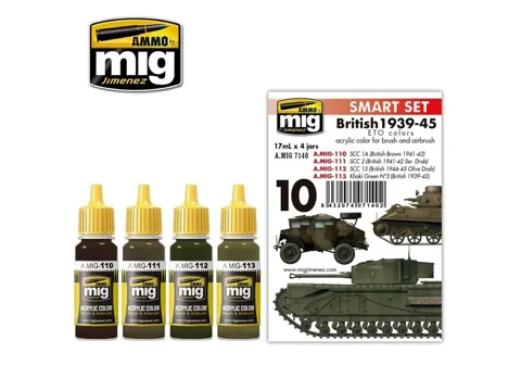 Sada akrylových barev AMMO Mig A.MIG-7140 British 1939-45 ETO Colors se čtyřmi lahvičkami