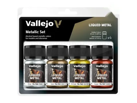 Sada metalických barev Vallejo Liquid Metal 70199 – zlatá, stříbrná a měděná, balení 35 ml