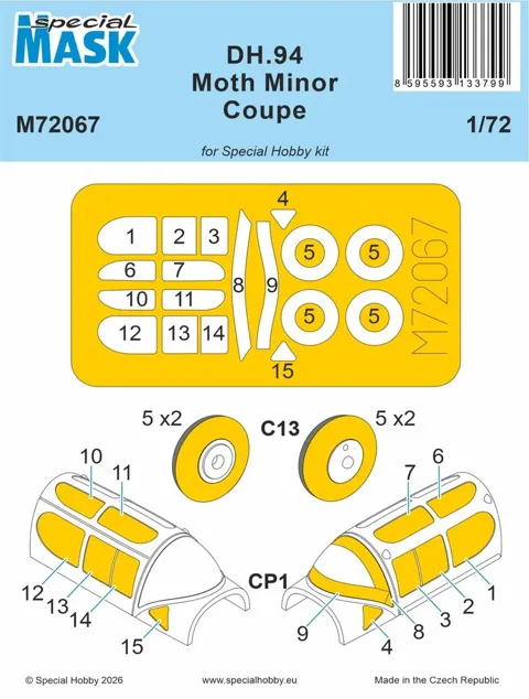 Sada předřezaných masek Special Hobby M72067 pro DH.94 Moth Minor Coupé v měřítku 1/72