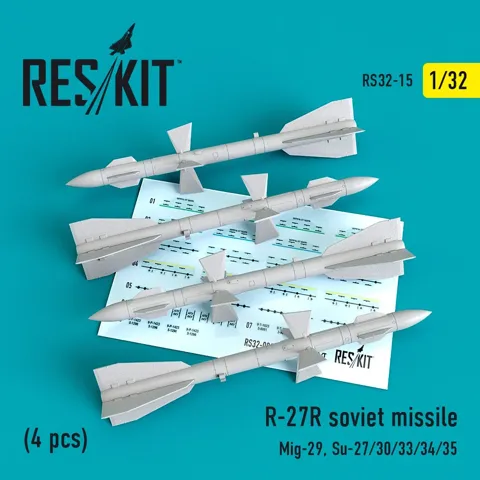 Sada raket R-27R Reskit RS32-0015 v měřítku 1/32, 4 díly letecké výzbroje