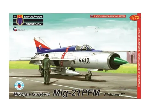 Krabice plastikové stavebnice Kovozávody Prostějov KPM0122 MiG-21PFM Fishbed F v měřítku 1/72