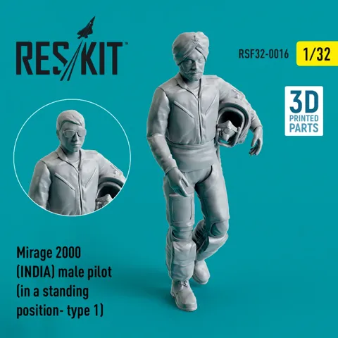 3D tištěná figurka Reskit RSF32-0016 stojícího indického pilota Mirage 2000 v měřítku 1/32