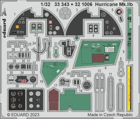 Fotolepty Eduard 321006 Hurricane Mk.IIb 1/32 pro stavebnici Revell, leptaný kovový plát