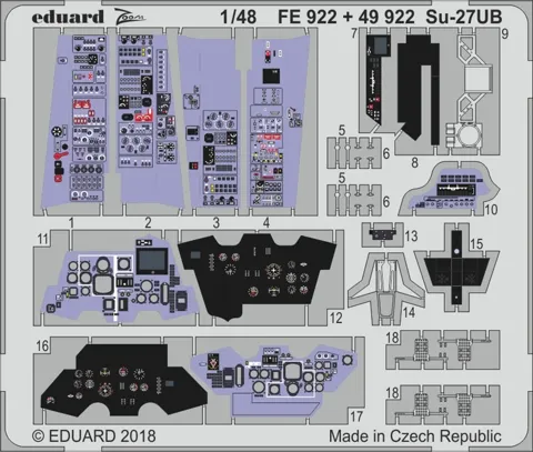 Fotoleptaný plát Eduard Zoom FE922 s barevnými díly kokpitu Su-27UB v měřítku 1/48