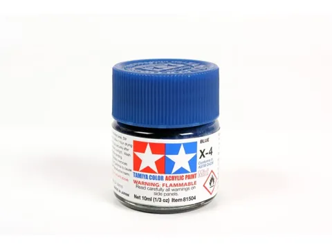 Skleněná lahvička akrylové barvy Tamiya Acrylic Mini X-4 Blue 81504, modrá lesklá, 10 ml