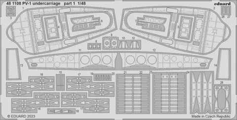 Fotolepty Eduard 481108 PV-1 podvozek 1/48 — leptaný plát kovových dílů