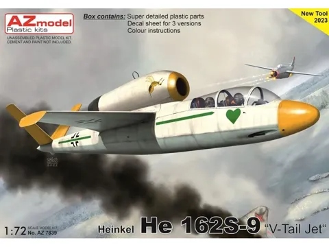 Krabice plastikové stavebnice AZ Model AZ7839 Heinkel He 162S-9 V-Tail Jet v měřítku 1/72