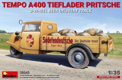 MiniArt 38045 Tempo A400 Tieflader Pritsche tříkolový rozvážkový vůz na pivo (1/35)