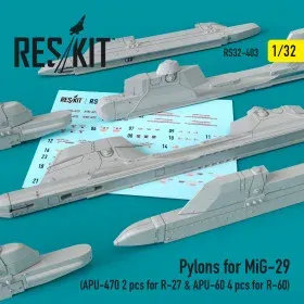 Sada závěsníků Reskit RS32-0403 pro MiG-29 v měřítku 1/32, nosníky APU-470 a APU-60