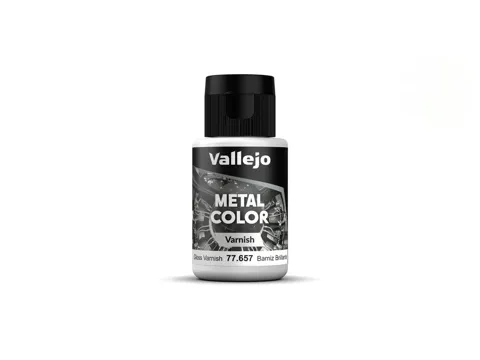 Lahvička lesklého laku Vallejo Metal Color 77657 Gloss Metal Varnish 32 ml