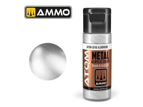 Lahvička akrylové barvy AMMO Mig ATOM Metallic 20165 hliníková (Aluminium) 20 ml
