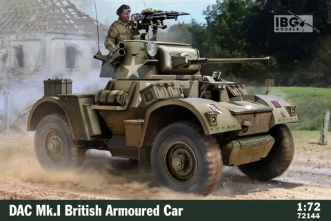 Krabice plastikové stavebnice IBG Models 72144 DAC Mk.I britský obrněný automobil 1/72