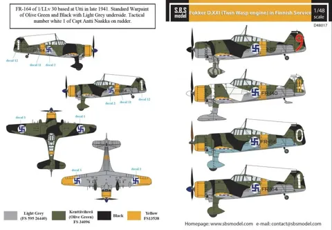 Aršík obtisků S.B.S. Model D48017 Fokker D.XXI Twin Wasp finské letectvo v měřítku 1/48