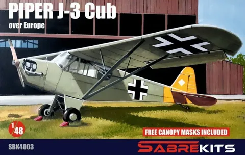 Krabice plastikové stavebnice Sabre Kits SBK4003 Piper J-3 Cub Over Europe v měřítku 1/48