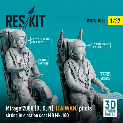 Sada Reskit RSF32-0035 – 3D tištění piloti Mirage 2000 Taiwan v sedadle MB Mk.10Q, měřítko 1/32