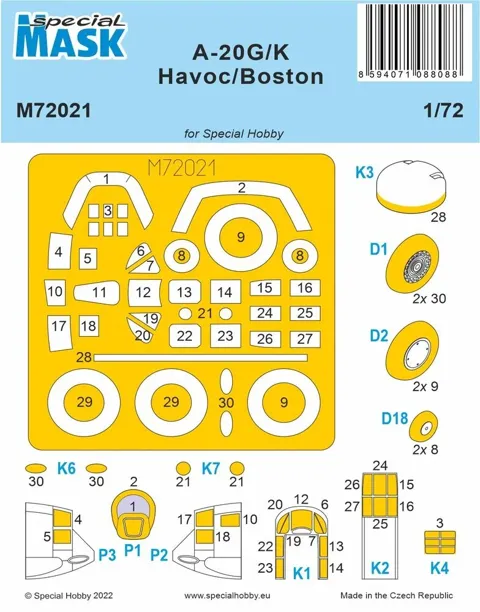 Maskovací sada Special Hobby M72021 pro model A-20G/K Havoc/Boston v měřítku 1/72