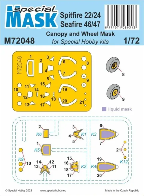 Maskovací šablony Special Hobby M72048 pro Spitfire Mk.22/24 a Seafire Mk.46/47 v měřítku 1/72