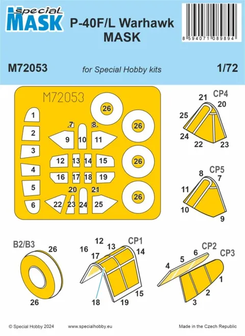 Sada maskovacích šablon Special Hobby M72053 pro P-40F/L Warhawk v měřítku 1/72