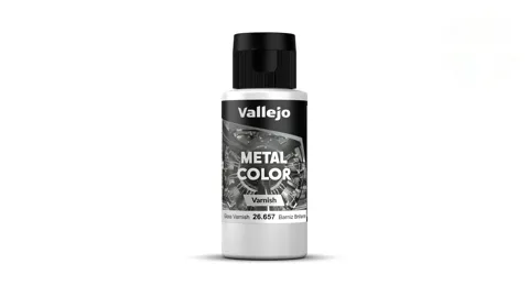Lahvička lesklého laku Vallejo Auxiliary 26657 Gloss Metal Varnish 60 ml na metalické barvy