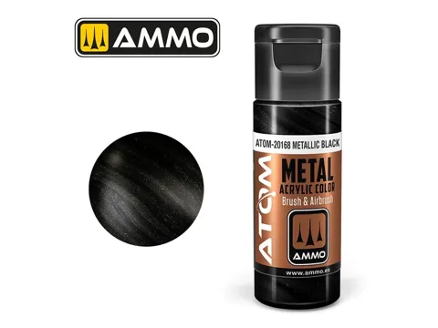 Lahvička akrylové barvy AMMO Mig ATOM Metallic 20168 černá metalická, 20 ml
