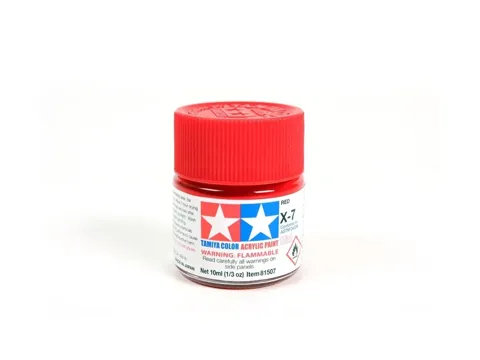 Skleněná lahvička akrylové barvy Tamiya 81507 Acrylic Mini X-7 červená lesklá 10 ml