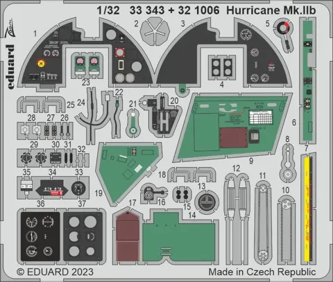 Barevné fotolepty Eduard Zoom 33343 Hurricane Mk.IIb 1/32 pro stavebnici Revell