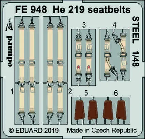 Barevný ocelový fotolept Eduard FE948 He 219 upínací pásy STEEL 1/48 pro stavebnici Tamiya
