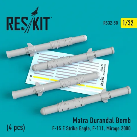 Sada podvěsné výzbroje Reskit RS32-0050 Matra Durandal 1/32, čtyři pumy pro modely letadel